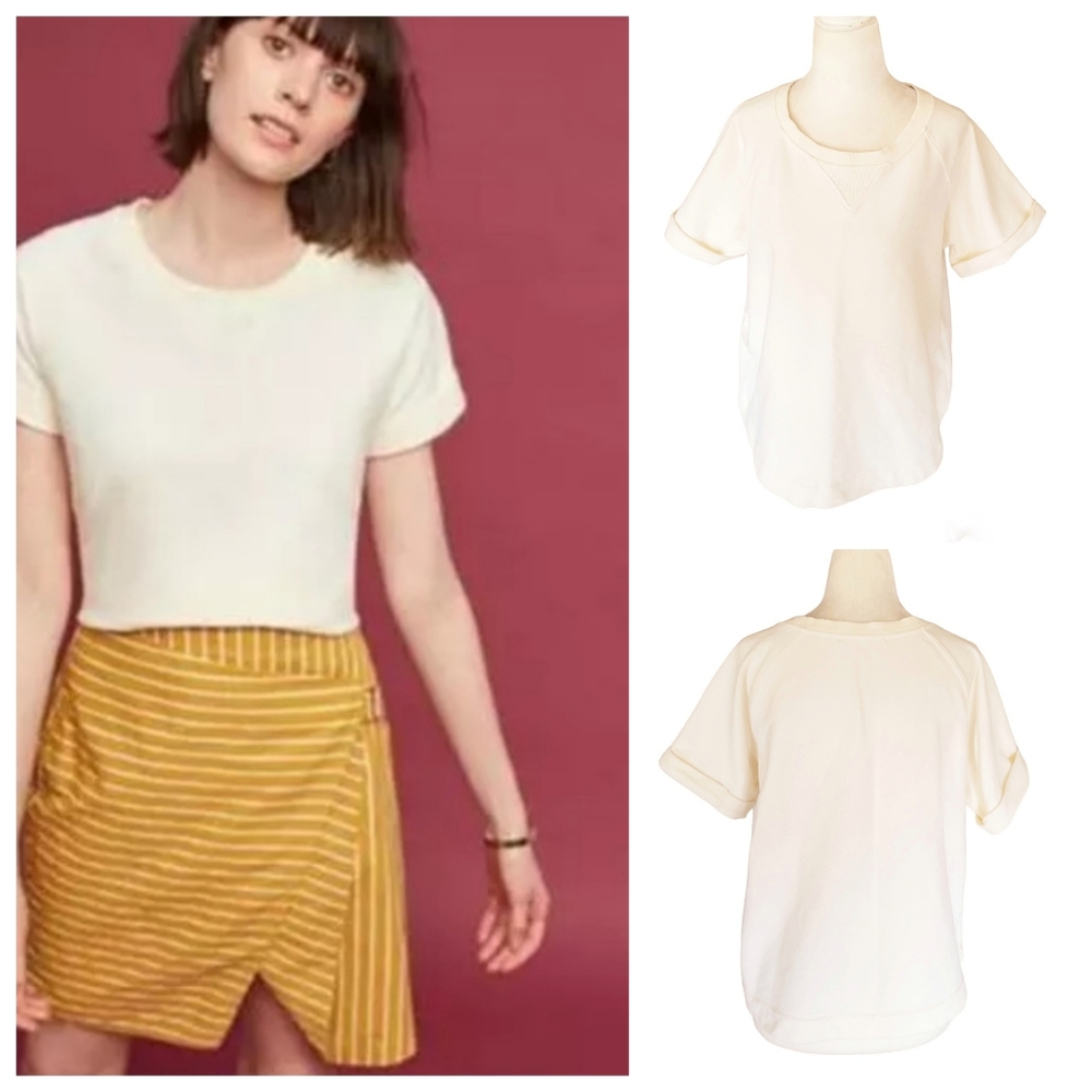 Anthropologie eri + ali | Off White Ivory Badgley Short Sleeve Boxy Sweatshirt L